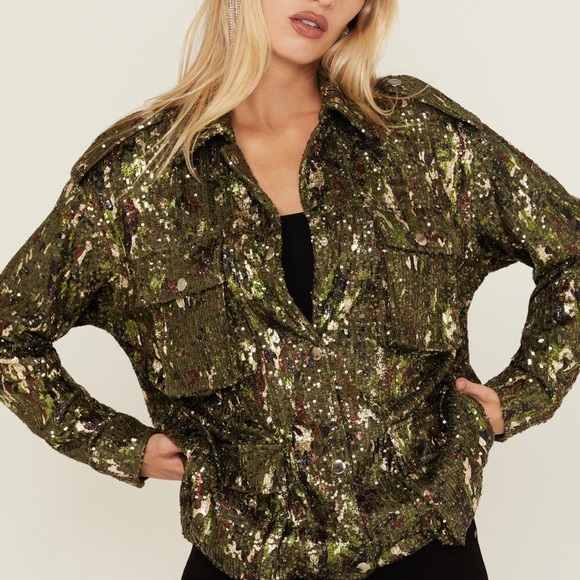 Miss Me Sequin Utility Jacket - Green and Black - Picture 2 of 5